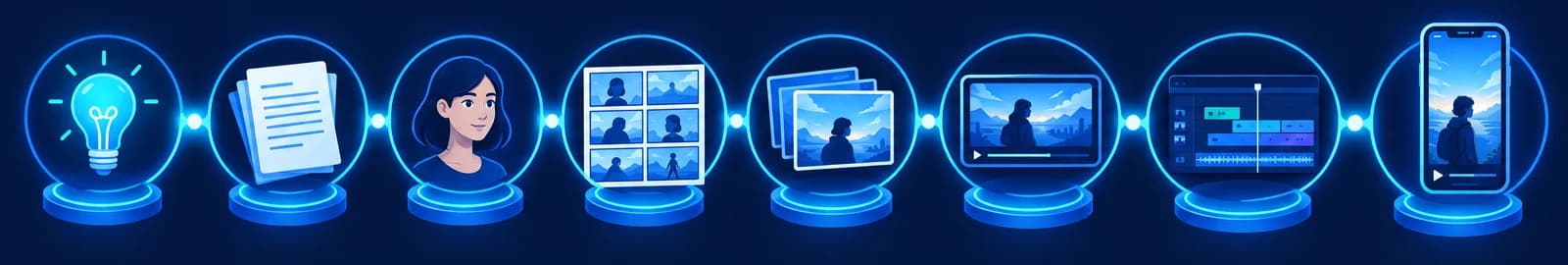 아이디어, 대본, 캐릭터, 스토리보드, 키프레임, 영상, 편집을 거쳐 세로형 영상으로 이어지는 제작 파이프라인 인포그래픽